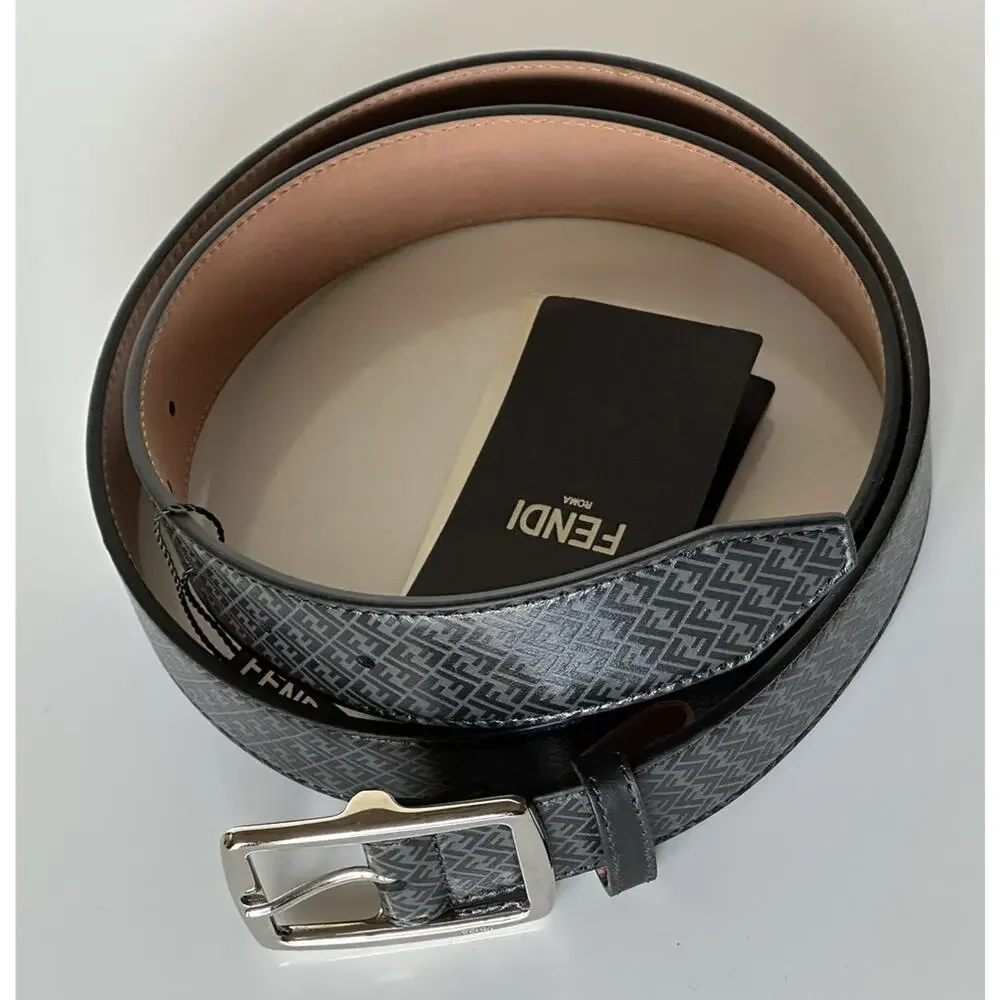 NWT $590 Fendi FF Logo Calf Leather Black/Grey Belt 110/44 Italy 7C0434